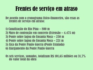 Frentes de serviço em atraso
De acordo com o cronograma físico-financeiro, são essas as
  frentes de serviço em atraso:

1) Canalização do Rio Pina – 800 m
2) Muro de contenção em concreto (Extensão – 4.475 m)
3) Ponte sobre lagoa do Encanta Moça – 230 m
4) Ponte sobre lagoa do Encanta Moça – 221 m
5) Alça da Ponte Paulo Guerra (Ponte Estaiada)
6) Alargamento da Ponte Paulo Guerra

Os seis serviços, somados, totalizam R$ 101,65 milhões ou 31,7%
   do valor total da obra
 