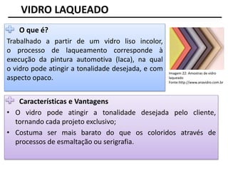 Imagem 22: Amostras de vidro
laqueado
Fonte:http://www.anavidro.com.br
VIDRO LAQUEADO
O que é?
Trabalhado a partir de um vidro liso incolor,
o processo de laqueamento corresponde à
execução da pintura automotiva (laca), na qual
o vidro pode atingir a tonalidade desejada, e com
aspecto opaco.
Características e Vantagens
• O vidro pode atingir a tonalidade desejada pelo cliente,
tornando cada projeto exclusivo;
• Costuma ser mais barato do que os coloridos através de
processos de esmaltação ou serigrafia.
 