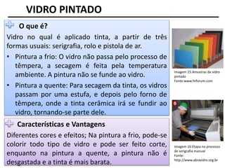 Imagem 15:Amostras de vidro
pintado
Fonte:www.htforum.com
VIDRO PINTADO
O que é?
Vidro no qual é aplicado tinta, a partir de três
formas usuais: serigrafia, rolo e pistola de ar.
• Pintura a frio: O vidro não passa pelo processo de
têmpera, a secagem é feita pela temperatura
ambiente. A pintura não se funde ao vidro.
• Pintura a quente: Para secagem da tinta, os vidros
passam por uma estufa, e depois pelo forno de
têmpera, onde a tinta cerâmica irá se fundir ao
vidro, tornando-se parte dele.
Características e Vantagens
Diferentes cores e efeitos; Na pintura a frio, pode-se
colorir todo tipo de vidro e pode ser feito corte,
enquanto na pintura a quente, a pintura não é
desgastada e a tinta é mais barata.
Imagem 16:Etapa no processo
de serigrafia manual
Fonte:
http://www.abravidro.org.br
 
