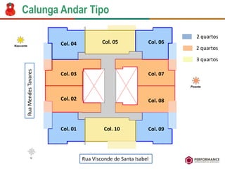 Rua Visconde de Santa Isabel 
Rua Mendes Tavares 
Calunga Andar Tipo 
Col. 01 
Col. 02 
Col. 03 
Col. 04 
Col. 05 
Col. 06 
Col. 07 
Col. 08 
Col. 09 
Col. 10 
2 quartos 
2 quartos 
3 quartos  