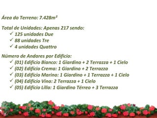 Área do Terreno: 7.428m² Total de Unidades: Apenas 217 sendo: 125 unidades Due 88 unidades Tre 4 unidades Quattro Número de Andares por Edificio: (01) Edificio Bianco: 1 Giardino + 2 Terrazza + 1 Cielo (02) Edifício Crema: 1 Giardino + 2 Terrazza (03) Edifício Marino: 1 Giardino + 1 Terrazza + 1 Cielo (04) Edifício Vino: 2 Terrazza + 1 Cielo (05) Edifício Lilla: 1 Giardino Térreo + 3 Terrazza 
