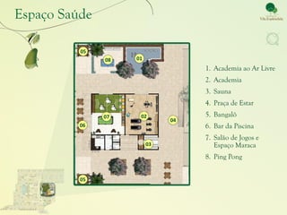 Espaço Saúde

          05
               08   01
                                   1. Academia ao Ar Livre
                                   2. Academia
                                   3. Sauna
                                   4. Praça de Estar
               07    02            5. Bangalô
                              04
          06                       6. Bar da Piscina
                                   7. Salão de Jogos e
                         03           Espaço Maraca
                                   8. Ping Pong


          05
 