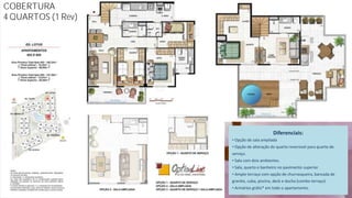 COBERTURA
4 QUARTOS (1 Rev)




                                          Diferenciais:
                    • Opção de sala ampliada
                    • Opção de alteração do quarto reversível para quarto de
                    serviço.
                    • Sala com dois ambientes.
                    • Sala, quarto e banheiro no pavimento superior
                    • Amplo terraço com opção de churrasqueira, bancada de
                    granito, cuba, piscina, deck e ducha (combo terraço)
                    • Armários grátis* em todo o apartamento.
 