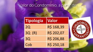 Valor do Condomínio, a partir de:


   Tipologia Valor
   2Q           R$ 168,39
   3Q (R)       R$ 202,07
   3Q           R$ 206,88
   Cob          R$ 250,18
 