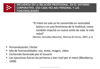 PRODUCTO EVALUADO CONTENIDO DEL PORTAL MOBILE: CEOLessons Podcasts Artículos Metodología del  e-learning:  auto-desarrollo con foco en la actualización Web application, web service  o, una  mobile application server DESAFÍO: MOBILE: contenidos relevantes de corta duración 