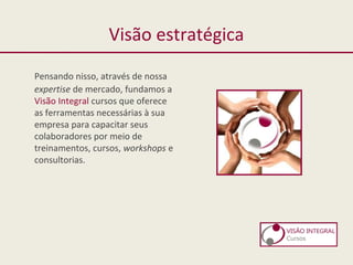 Visão estratégica
Pensando nisso, através de nossa
expertise de mercado, fundamos a
Visão Integral cursos que oferece
as ferramentas necessárias à sua
empresa para capacitar seus
colaboradores por meio de
treinamentos, cursos, workshops e
consultorias.
 