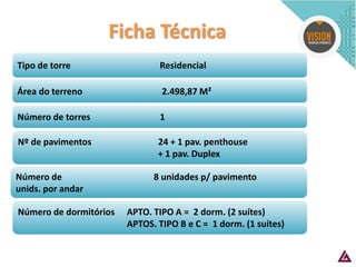 Número de torres 1 
Número de 8 unidades p/ pavimento 
unids. por andar 
Tipo de torre Residencial 
Área do terreno 2.498,87 M² 
Nº de pavimentos 24 + 1 pav. penthouse + 1 pav. Duplex 
Ficha Técnica 
Número de dormitórios APTO. TIPO A = 2 dorm. (2 suítes) 
APTOS. TIPO B e C = 1 dorm. (1 suítes)  