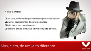 Mas, claro, de um jeito diferente.
A ideia é simples.
Um consumidor real experimenta seu produto ou serviço.
Usamos equipamentos de gravação ocultos.
Raio X de todo o atendimento.
Relatório prático e intuitivo e filme completo da visita.
 