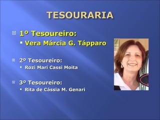 1º Tesoureiro: Vera Márcia G. Tápparo 2º Tesoureiro: Rozi Mari Cassi Moita 3º Tesoureiro:  Rita de Cássia M. Genari 