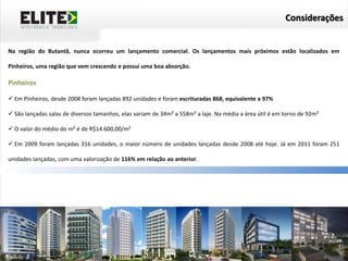 Considerações


Na região do Butantã, nunca ocorreu um lançamento comercial. Os lançamentos mais próximos estão localizados em

Pinheiros, uma região que vem crescendo e possui uma boa absorção.

Pinheiros

 Em Pinheiros, desde 2008 foram lançadas 892 unidades e foram escrituradas 868, equivalente a 97%

 São lançadas salas de diversos tamanhos, elas variam de 34m² a 558m² a laje. Na média a área útil é em torno de 92m²

 O valor do médio do m² é de R$14.600,00/m²

 Em 2009 foram lançadas 316 unidades, o maior número de unidades lançadas desde 2008 até hoje. Já em 2011 foram 251

unidades lançadas, com uma valorização de 116% em relação ao anterior.
 