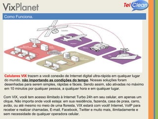 Como Funciona. Celulares VIX  trazem a você conexão de Internet digital ultra-rápida em qualquer lugar do mundo,  não importando as condições do tempo . Nossas soluções foram desenhadas para serem simples, rápidas e fáceis. Sendo assim, são ativadas no máximo em 10 minutos por qualquer pessoa, a qualquer hora e em qualquer lugar. Com VIX, você tem acesso ilimitado à Internet Turbo 24h em seu celular, em apenas um clique. Não importa onde você esteja: em sua residência, fazenda, casa de praia, carro, avião, ou até mesmo no meio de uma floresta, VIX estará com você! Internet, VoIP para receber e realizar chamadas, E-mail, Facebook, Twitter e muito mais, ilimitadamente e sem necessidade de qualquer operadora celular. 