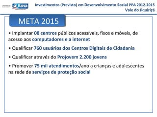 Investimentos (Previsto) em Desenvolvimento Social PPA 2012-2015
Vale do Jiquiriçá
• Implantar 08 centros públicos acessíveis, fixos e móveis, de
acesso aos computadores e a internet
• Qualificar 760 usuários dos Centros Digitais de Cidadania
• Qualificar através do Projovem 2.200 jovens
• Promover 75 mil atendimentos/ano a crianças e adolescentes
na rede de serviços de proteção social
META 2015
 