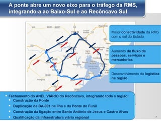 7
A ponte abre um novo eixo para o tráfego da RMS,
integrando-a ao Baixo-Sul e ao Recôncavo Sul
 Fechamento do ANEL VIÁRIO do Recôncavo, integrando toda a região:
 Construção da Ponte
 Duplicação da BA-001 na Ilha e da Ponte do Funil
 Construção da ligação entre Santo Antônio de Jesus e Castro Alves
 Qualificação da infraestrutura viária regional
Maior conectividade da RMS
com o sul do Estado
Desenvolvimento da logística
na região
Aumento do fluxo de
pessoas, serviços e
mercadorias
 