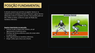 POSIÇÃO FUNDAMENTAL
A atitude corporal que permite ao jogador deslocar-se
rapidamente em qualquer direção e executar o gesto técnico
adequado à altura e trajetória da bola. Esta posição pode ser
alta, média ou baixa, conforme o grau de flexão dos
membros inferiores.
Aspetos importantes na execução:
• Colocar os pés à largura dos ombros, um pé
ligeiramente à frente do outro;
• Distribuir de forma uniforme o peso do corpo sobre
os apoios (pés);
• Fletir ligeiramente os membros inferiores;
• Dirigir o olhar para cima e ara a frente.
 