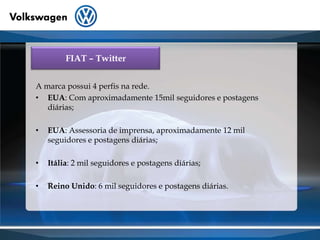 FIAT – TwitterA marca possui 4 perfis na rede.EUA: Com aproximadamente 15mil seguidores e postagens diárias;EUA: Assessoria de imprensa, aproximadamente 12 mil seguidores e postagens diárias;Itália: 2 mil seguidores e postagens diárias;Reino Unido: 6 mil seguidores e postagens diárias.