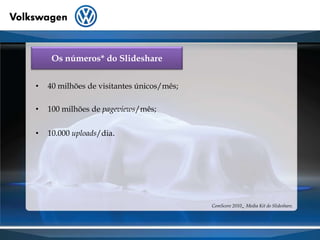 Os números* do Slideshare 40 milhões de visitantes únicos/mês;100 milhões depageviews/mês;10.000 uploads/dia.ComScore 2010- Media Kit do Slideshare.