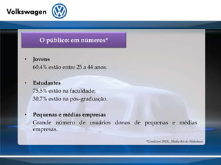 O público: em números*Jovens60,4% estão entre 25 a 44 anos.Estudantes75,5% estão na faculdade;30,7% estão na pós-graduação.Pequenas e médias empresas	Grande número de usuários donos de pequenas e médias empresas.*ComScore 2010- Media Kit do Slideshare.