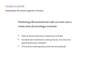 NOSSO CLIENTE
Instituições de ensino superior e técnico
Marketing educacional está cada vez mais caro e
muito atrásda tecnologia existente.
• Palavraschavesestãomuitocompetitivasnos leilões.
• Facebooknãoé tãoeficiente, aindaque barato,mas tomauma
grandequantiapararesultados.
• A fórmulademarketingeducacionalnãoestáatualizada.
 