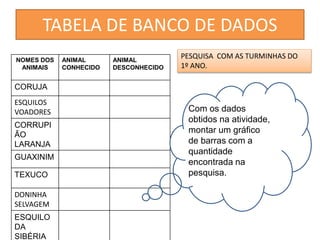 TABELA DE BANCO DE DADOS 
NOMES DOS 
ANIMAIS 
ANIMAL 
CONHECIDO 
ANIMAL 
DESCONHECIDO 
CORUJA 
ESQUILOS 
VOADORES 
CORRUPI 
ÃO 
LARANJA 
GUAXINIM 
TEXUCO 
DONINHA 
SELVAGEM 
ESQUILO 
DA 
SIBÉRIA 
PESQUISA COM AS TURMINHAS DO 
1º ANO. 
Com os dados 
obtidos na atividade, 
montar um gráfico 
de barras com CCO 
a 
quantidade 
encontrada na 
pesquisa. 
 