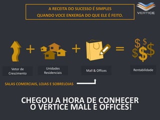A RECEITA DO SUCESSO É SIMPLES
QUANDO VOCE ENXERGA DO QUE ELE É FEITO.

Vetor de
Crescimento

Unidades
Residenciais

Mall & Offices

Rentabilidade

SALAS COMERCIAIS, LOJAS E SOBRELOJAS

CHEGOU A HORA DE CONHECER
O VERTICE MALL E OFFICES!

 