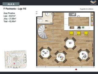 ALA A
1º Pavimento – Loja 115
Área Privativa:
Loja – 40,81m²
Jirau – 21,68m²
Total – 62,49m²

Sugestão de cafeteria.

 