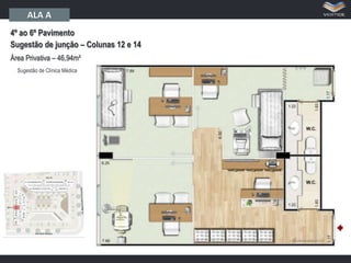 ALA A
4º ao 6º Pavimento
Sugestão de junção – Colunas 12 e 14
Área Privativa – 46,94m²
Sugestão de Clínica Médica

 