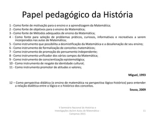 Papel pedagógico da História
1 - Como fonte de motivação para o ensino e a aprendizagem da Matemática;
2 - Como fonte de objetivos para o ensino da Matemática;
3 - Como fonte de Métodos adequados de ensino da Matemática;
4 - Como fonte para seleção de problemas práticos, curiosos, informativos e recreativos a serem
incorporados nas aulas de Matemática;
5 - Como instrumento que possibilita a desmistificação da Matemática e a desalienação de seu ensino;
6 - Como instrumento de formalização de conceitos matemáticos;
7 - Como instrumento de promoção do pensamento independente;
8 - Como instrumento unificador dos vários campos da Matemática;
9 - Como instrumento de conscientização epistemológica;
10 - Como instrumento de resgate da identidade cultural;
11 - Como instrumento promotor de atitudes e valores;
Miguel, 1993
12 – Como perspectiva didática (o ensino de matemática na perspectiva lógico-histórico) para entender
a relação dialética entre o lógico e o histórico dos conceitos.
Sousa, 2009
V Seminário Nacional de Histórias e
Investigações de/em Aulas de Matemática -
Campinas 2015
11
 