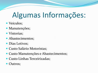 Algumas Informações:
 Veículos;
 Manutenções;
 Vistorias;
 Abastecimentos;
 Dias Letivos;
 Custo Salário Motoristas;
 Custo Manutenções e Abastecimentos;
 Custo Linhas Terceirizadas;
 Outros;
 