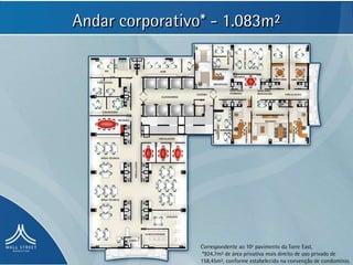 Andar corporativo* - 1.083m²




                 Correspondente ao 10º pavimento da Torre East,
                 *924,7m² de área privativa mais direito de uso privado de
                 158,45m², conforme estabelecido na convenção de condomínio.
 