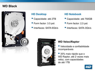 WD Black

           HD Desktop                  HD Notebook
            Capacidade: até 2TB        Capacidade: até 750GB
            Form factor: 3.5 pol.      Form factor: 2,5 pol.
            Interfaces: SATA 6Gb/s     Interfaces: SATA 3Gb/s


                                  WD VelociRaptor
                                   Velocidade e confiabilidade
                                  incomparáveis
                                   35% mais rápido que o
                                  WD Raptor, até 2 vezes mais
                                  veloz, com capacidades
                                  de até 1TB
                                                                  ®
 