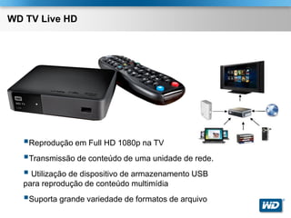 WD TV Live HD




  Reprodução em Full HD 1080p na TV
  Transmissão de conteúdo de uma unidade de rede.
   Utilização de dispositivo de armazenamento USB
  para reprodução de conteúdo multimídia
  Suporta grande variedade de formatos de arquivo   ®
 