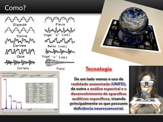 Como?




                Tecnologia
          De um lado vemos o uso de
        realidade aumentada (UNIFEI),
        de outro a análise espectral e o
        desenvolvimento de aparelhos
         auditivos específicos, visando
        principalmente os que possuem
          deficiência neurossensorial.
 