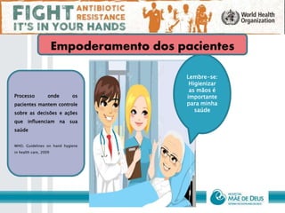 Lembre-se:
Higienizar
as mãos é
importante
para minha
saúde
Empoderamento dos pacientes
Processo onde os
pacientes mantem controle
sobre as decisões e ações
que influenciam na sua
saúde
WHO. Guidelines on hand hygiene
in health care, 2009
 