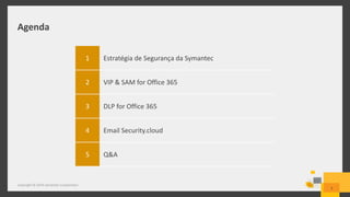 Agenda
Copyright © 2014 Symantec Corporation
3
1 Estratégia de Segurança da Symantec
2 VIP & SAM for Office 365
3 DLP for Office 365
4 Email Security.cloud
5 Q&A
 