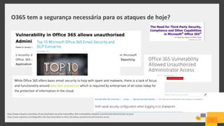 O365 tem a segurança necessária para os ataques de hoje?
7
https://www.cogmotive.com/blog/office-365-tips/vulnerability-in-office-365-allows-unauthorised-administrator-access
http://www.tripwire.com/state-of-security/latest-security-news/office-365-vulnerability-allowed-unauthorized-administrator-access/
 