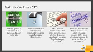 Pontos de atenção para O365
Pare de ignorar a
necessidade de SSO e
autenticação com
duplo fator
Diminuir ao máximo
vazamento de
informação buscando
novas formas de
identificação.
APT – Ataques
direcionados estão
entre as formas mais
efetivas de ataque
usando as 3 camadas
“Email, network e
Endpoints”
Email é o #1 “Porta”de
ataques direcionados.
5 de 6 empresas
grandes (83%) foram
alvo de campanhas de
spear phishing no
ultimo ano.
9
 
