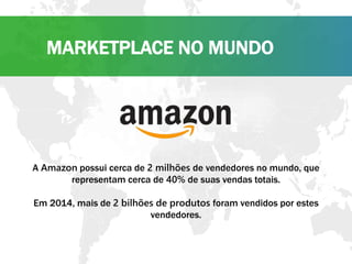 MARKETPLACE NO MUNDO
A Amazon possui cerca de 2 milhões de vendedores no mundo, que
representam cerca de 40% de suas vendas totais.
Em 2014, mais de 2 bilhões de produtos foram vendidos por estes
vendedores.
 