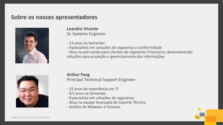 Sobre os nossos apresentadores
Copyright © 2015 Symantec Corporation
Arthur Fang
Principal Techincal Support Engineer
- 15 anos de experiência em TI
- 9,5 anos na Symantec
- Especialista em soluções de segurança
- Atua na equipe Avançada do Suporte Técnico.
- Análise de Malware e Forense.
Leandro Vicente
Sr. Systems Engineer
- 14 anos na Symantec
- Especialista em soluções de segurança e conformidade
- Atua na pré-venda para clientes do segmento Financeiro, desenvolvendo
soluções para proteção e gerenciamento das informações
 