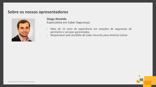 Sobre os nossos apresentadores
Copyright © 2015 Symantec Corporation
Diego Almeida
Especialista em Cyber Segurança
- Mais de 15 anos de experiência em soluções de segurança de
perímetro e serviços gerenciados.
- Responsável pelo portfólio de Cyber Security para América Latina
 