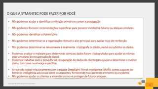 O QUE A SYMANTEC PODE FAZER POR VOCÊ
Copyright © 2015 Symantec Corporation
21
• Nós podemos ajudar a identificar a infecção primária e conter a propagação
• Nós podemos fornecer recomendações específicas para prevenir incidentes futuros ou ataques similares.
• Nós podemos identificar o Patient Zero
• Nós podemos determinar se a organização vítima é o alvo principal para avaliar risco de reinfecção.
• Nós podemos determinar se ransomware é realmente criptografa os dados, exclui ou substitui os dados.
• Podemos analisar o malware para determinar como os dados foram criptografados para ajudar as vítimas
criar um plano de recuperação de dados.
• Podemos trabalhar com o provedor de recuperação de dados do cliente para ajudar a determinar o melhor
plano, com base na ameaça específica.
• Através do nosso relacionamento com a equipe DeepSight Threat Intelligence (MATI), somos capazes de
fornecer inteligência adicionais sobre os atacantes, fornecendo mais contexto em torno do incidente.
• Nós podemos ajudar os clientes a entender como se proteger de futuros ataques.
 