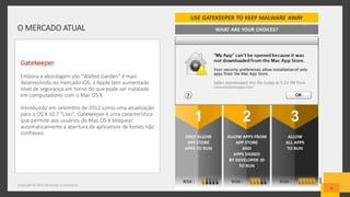 O MERCADO ATUAL
Copyright © 2015 Symantec Corporation
8
Gatekeeper
Embora a abordagem jdo “Walled Garden” é mais
desenvolvido no mercado iOS, a Apple tem aumentado
nível de segurança em torno do que pode ser instalado
em computadores com o Mac OS X.
Introduzido em setembro de 2012 como uma atualização
para o OS X 10.7 "Lion", Gatekeeper é uma característica
que permite aos usuários do Mac OS X bloquear
automaticamente a abertura de aplicativos de fontes não
confiáveis
 