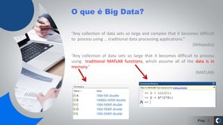 Pág.
O que é Big Data?
5
“Any collection of data sets so large and complex that it becomes difficult
to process using … traditional data processing applications.”
(Wikipedia)
“Any collection of data sets so large that it becomes difficult to process
using traditional MATLAB functions, which assume all of the data is in
memory.”
(MATLAB)
 