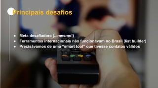 ● Meta desafiadora (...mesmo!)
● Ferramentas internacionais não funcionavam no Brasil (list builder)
● Precisávamos de uma “smart tool” que tivesse contatos válidos
Principais desafios
 