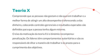Compreende que as pessoas não gostam e não querem trabalhar e a
melhor forma de atingir um alto desempenho é oferecendo a elas
dinheiro, colocando controles gerenciais e resultados esperados são
definidos para que a pessoa tenha algum retorno.
O eixo da motivação da teoria X é o binómio recompensa-
penalização. Os líderes têm comportamentos autoritários e são os
responsáveis de ditar a maneira de trabalhar e os prazos para o
cumprimento dos objetivos.
 