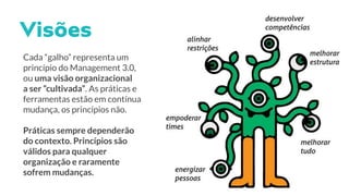 Cada “galho” representa um
princípio do Management 3.0,
ou uma visão organizacional
a ser “cultivada”. As práticas e
ferramentas estão em contínua
mudança, os princípios não.
Práticas sempre dependerão
do contexto. Princípios são
válidos para qualquer
organização e raramente
sofrem mudanças.
 