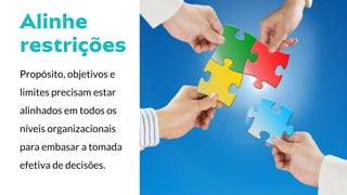 Propósito, objetivos e
limites precisam estar
alinhados em todos os
níveis organizacionais
para embasar a tomada
efetiva de decisões.
 