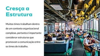 Muitos times trabalham dentro
de um contexto organizacional
complexo, portanto é importante
considerar estruturas que
promovam a comunicação entre
os times de trabalho.
 
