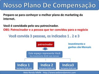 Nosso Plano De CompensaçãoPrepare-se para conheçer o melhor plano de marketing da internet.Você é convidado pelo seu patrocinador.OBS: Patrocinador e a pessoa que ter convidou para o negócioVocê convida 3 pessoas, os indicados 1 . 2 e 3patrocinadorInvestimento e ganhos são MensaisEste espaço representa VocêSeu Investimento 40,00 reais mensais Indica 1Você ganha 20,00 reaisIndica 2Você ganha 20,00 reais  Indica3Você ganha 20,00 reaisWeb Renda MMN   http://www.webrendammn.com
