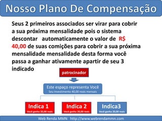 Nosso Plano De CompensaçãoSeus 2 primeiros associados ser virar para cobrir a sua próxima mensalidade pois o sistema  descontar   automaticamente o valor de  R$ 40,00 de suas comições para cobrir a sua próxima mensalidade mensalidade desta forma você passa a ganhar ativamente apartir de seu 3 indicadopatrocinadorEste espaço representa VocêSeu Investimento 40,00 reais mensais Indica 1Você ganha 20,00 reaisIndica 2Você ganha 20,00 reais  Indica3Você ganha 20,00 reaisWeb Renda MMN   http://www.webrendammn.com