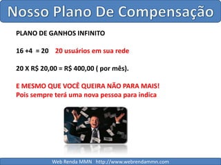 Nosso Plano De CompensaçãoPLANO DE GANHOS INFINITO16 +4  = 20    20usuários em sua rede20 X R$ 20,00 = R$ 400,00 ( por mês).E MESMO QUE VOCÊ QUEIRA NÃO PARA MAIS!Pois sempre terá uma nova pessoa para indicaWeb Renda MMN   http://www.webrendammn.com